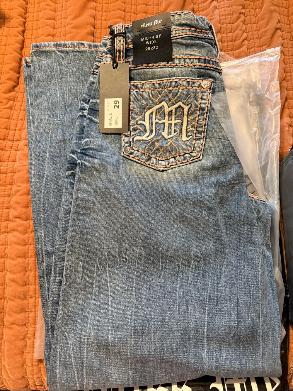 Miss Me Medium Blue Mid-Rise Wide Jeans with Pink Stitching & Embroidered Pocket